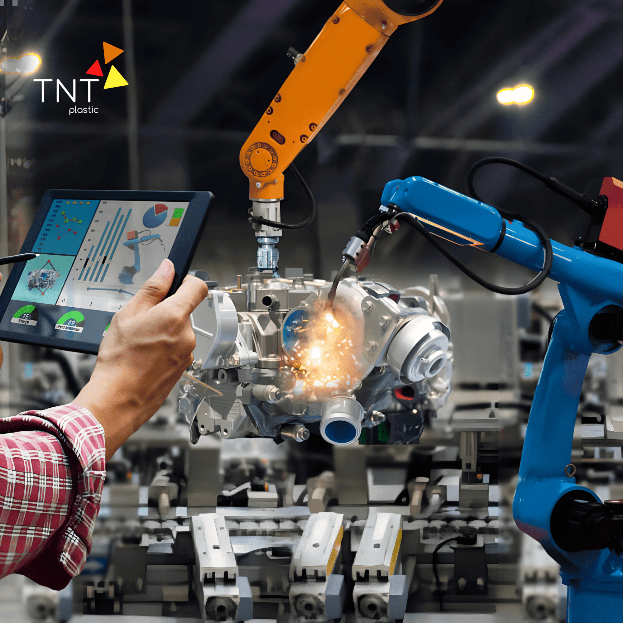 người lao động sử dụng hệ thống điều khiển cánh tay robot 4 bậc