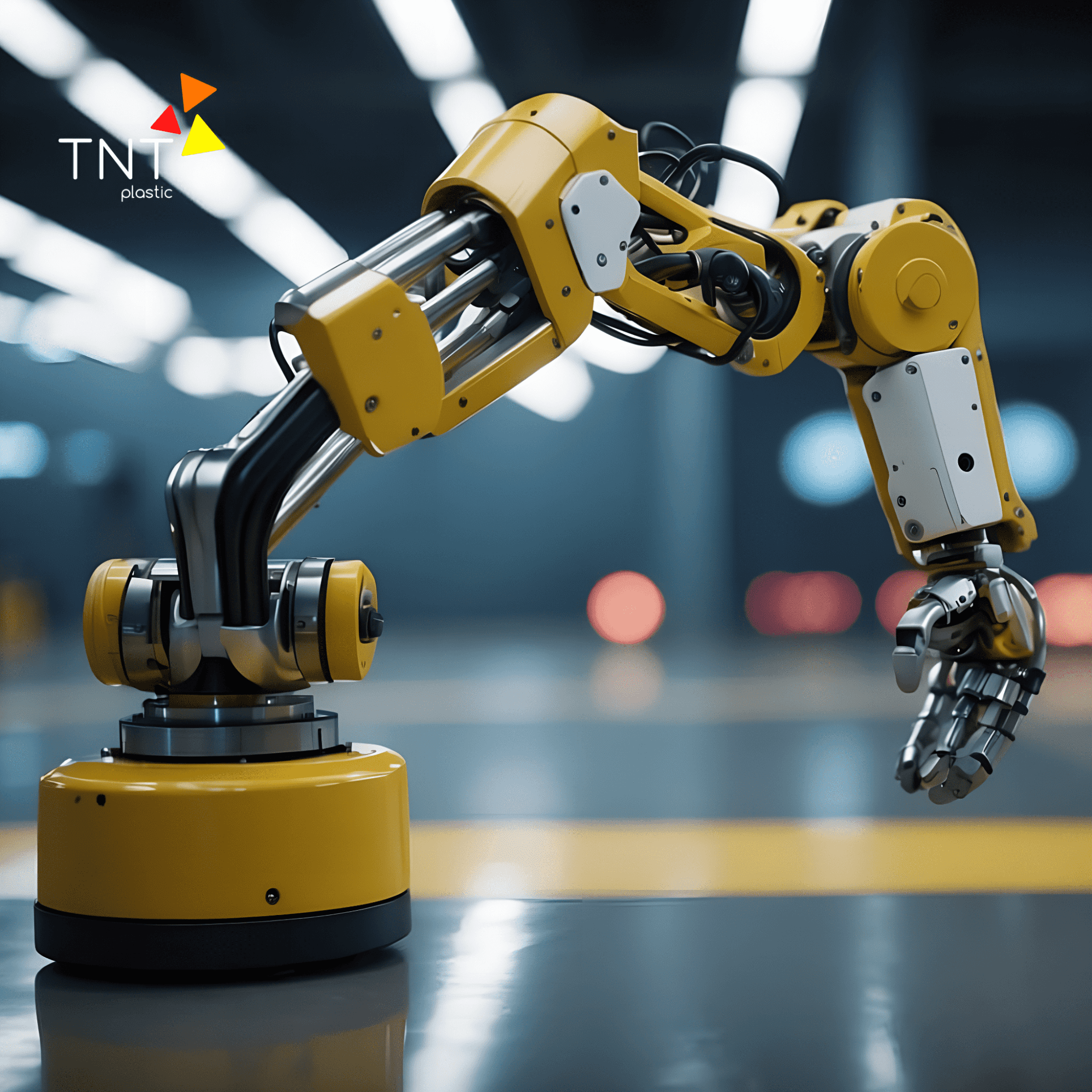 Hình ảnh cánh tay robot 6 bậc màu vàng được ứng dụng trong sản xuất